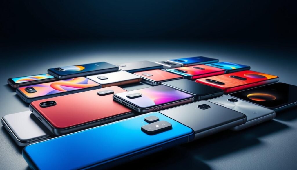 A stunning showcase of the latest Samsung Galaxy A-series smartphones, captured in a sleek and visually appealing composition. Meticulously arranged in the foreground, the devices are displayed with bold and vibrant colors, their elegant designs and premium finishes accentuated by soft, directional lighting that casts subtle shadows, creating depth and a sense of premium quality. The middle ground features a subtle, blurred background, allowing the phones to take center stage, while the overall composition conveys a sense of sophistication and technological prowess befitting the Samsung brand. The image aims to highlight the key design elements and distinguishing features of the principal models in the A-series lineup, providing a visually captivating representation of the "Principais modelos da linha A" for the article.