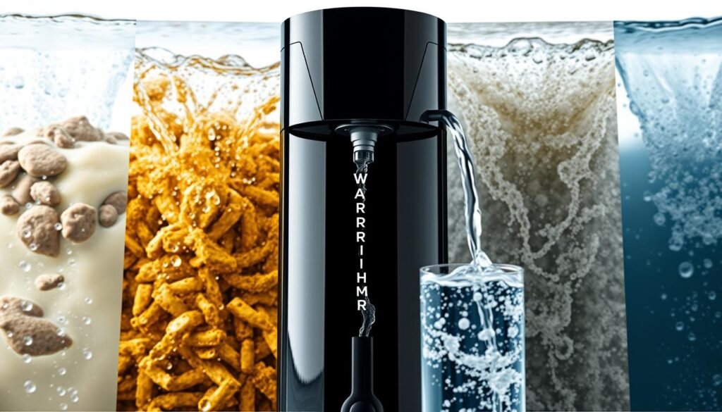 A water purifier in action, performing its duty under various water conditions. In the foreground, a clear stream of purified water flows from the device's outlet, its purity evident. In the middle ground, the purifier stands steadfast, its sleek, black exterior gleaming under bright, directional lighting that casts dramatic shadows. In the background, a cascade of different water sources - murky, discolored, and turbid - illustrate the purifier's ability to handle a range of water qualities, delivering consistently clean and refreshing results. The scene conveys the purifier's reliable performance and adaptability, capturing its essential function in a visually compelling manner.