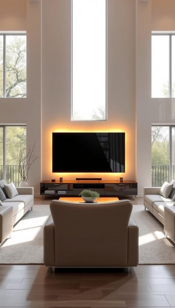 A well-appointed living room with a large, sleek 4K television set taking center stage. The display is illuminated from behind, casting a warm, inviting glow. The room is adorned with modern, minimalist furniture in neutral tones, creating a sense of sophisticated simplicity. Sunlight streams in through large windows, lending a bright, airy atmosphere. The overall scene conveys a sense of quality, comfort, and the cutting-edge technology of the Semp Crystal UHD television, inviting the viewer to consider its worth as a worthy investment.