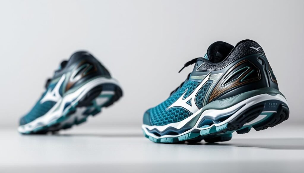 A well-lit, detailed close-up shot of the Mizuno Wave Invictus 4 men's running shoe from multiple angles. Showcase the sleek, aerodynamic silhouette, the signature Mizuno Wave cushioning technology in the midsole, and the breathable mesh upper with supportive overlays. Capture the shoe's bold, modern color scheme, potentially in a neutral, studio-style setting to highlight the technical design elements. Convey a sense of high-performance, premium quality, and athletic versatility through the lighting, framing, and overall composition.