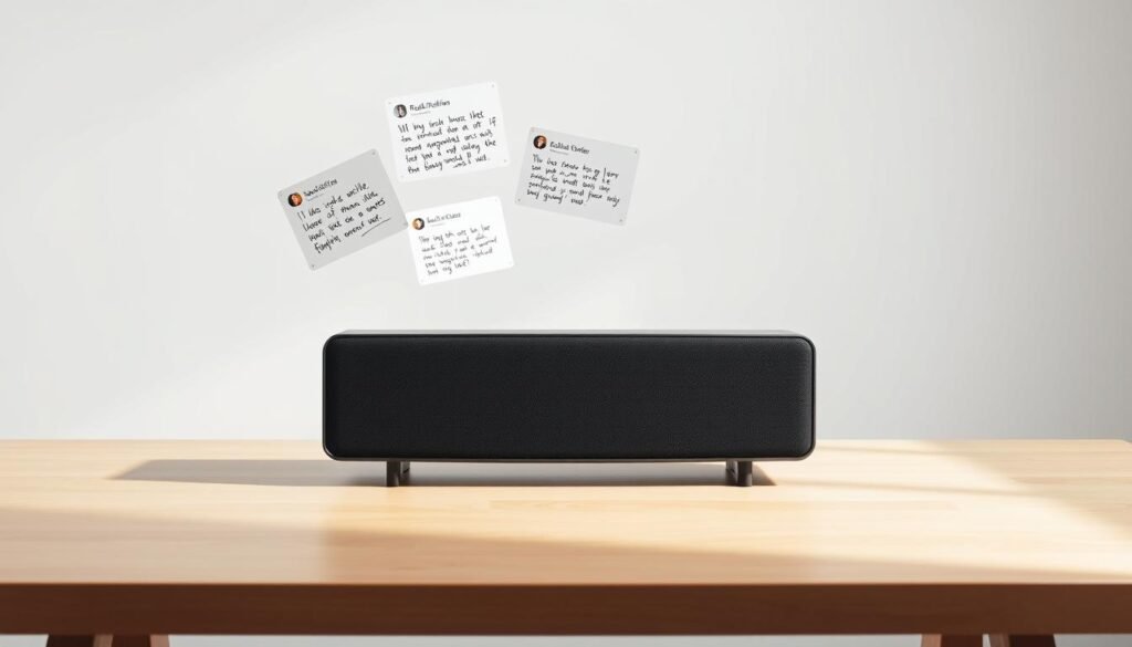 A well-lit studio image showcasing positive user reviews for the Edifier R1000T4 speaker. The foreground features a collection of handwritten notes and digital reviews floating above a sleek, dark-colored R1000T4 speaker. The middle ground shows the speaker placed on a clean, minimalist wooden table, casting subtle shadows. The background is a seamless, softly-lit white studio setting, creating a professional, trustworthy atmosphere to highlight the product's quality and user satisfaction.