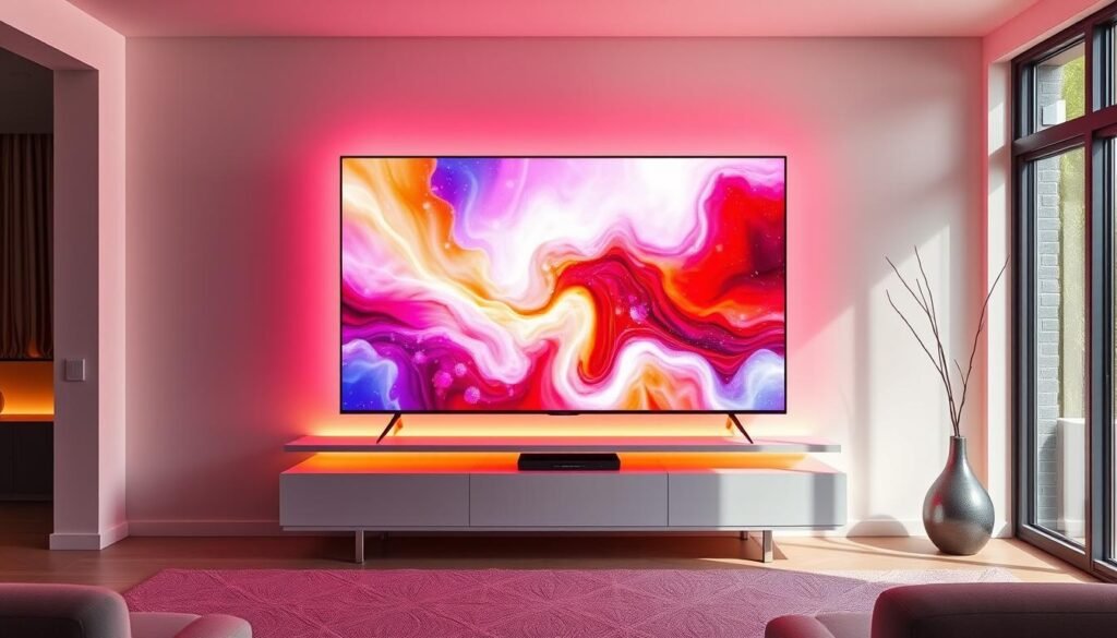 An elegant and immersive Philips Ambilight 50" 4K smart TV standing prominently in a modern living room. The screen is vibrantly lit, showcasing its ultra-high definition resolution and captivating Ambilight technology that casts a seamless glow across the surrounding walls. The TV is positioned on a minimalist entertainment console, complemented by sleek, minimalist decor and warm, natural lighting filtering in through large windows. The scene exudes a sense of sophisticated technology blending harmoniously with a refined, ambient home environment. An elegant and immersive Philips Ambilight 50" 4K smart TV standing prominently in a modern living room. The screen is vibrantly lit, showcasing its ultra-high definition resolution and captivating Ambilight technology that casts a seamless glow across the surrounding walls. The TV is positioned on a minimalist entertainment console, complemented by sleek, minimalist decor and warm, natural lighting filtering in through large windows. The scene exudes a sense of sophisticated technology blending harmoniously with a refined, ambient home environment.
