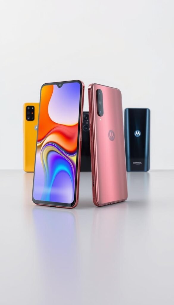 Comparação Motorola Edge 50 Pro: A detailed side-by-side view of Motorola's flagship smartphone, showcased in a well-lit studio setting. The device is prominently displayed on a sleek, reflective surface, with a clean white backdrop allowing the phone's design and features to take center stage. The foreground focuses on the Edge 50 Pro's elegant, borderless display, vibrant color options, and premium metal construction. In the middle ground, the camera module and other key hardware components are highlighted, showcasing the device's technical specifications. The background subtly incorporates additional Motorola smartphone models, creating a sense of context and comparison within the Motorola product lineup.