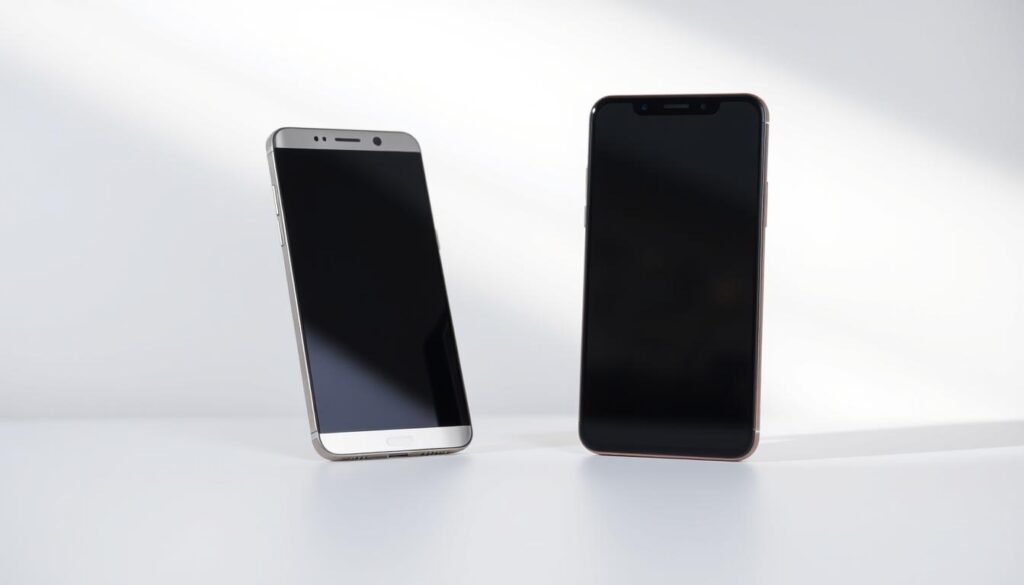 Comparação de celulares: Two sleek, modern smartphones placed side-by-side against a clean, minimalist background. The devices are displayed in a well-lit, studio-style setting with soft, diffuse lighting highlighting their attractive designs and features. Subtle shadows and reflections add depth and dimension. The smartphones are positioned at a slightly elevated angle, inviting the viewer to closely examine and compare their characteristics. An atmosphere of thoughtful contemplation and subtle contrast permeates the scene, capturing the essence of an insightful product comparison.