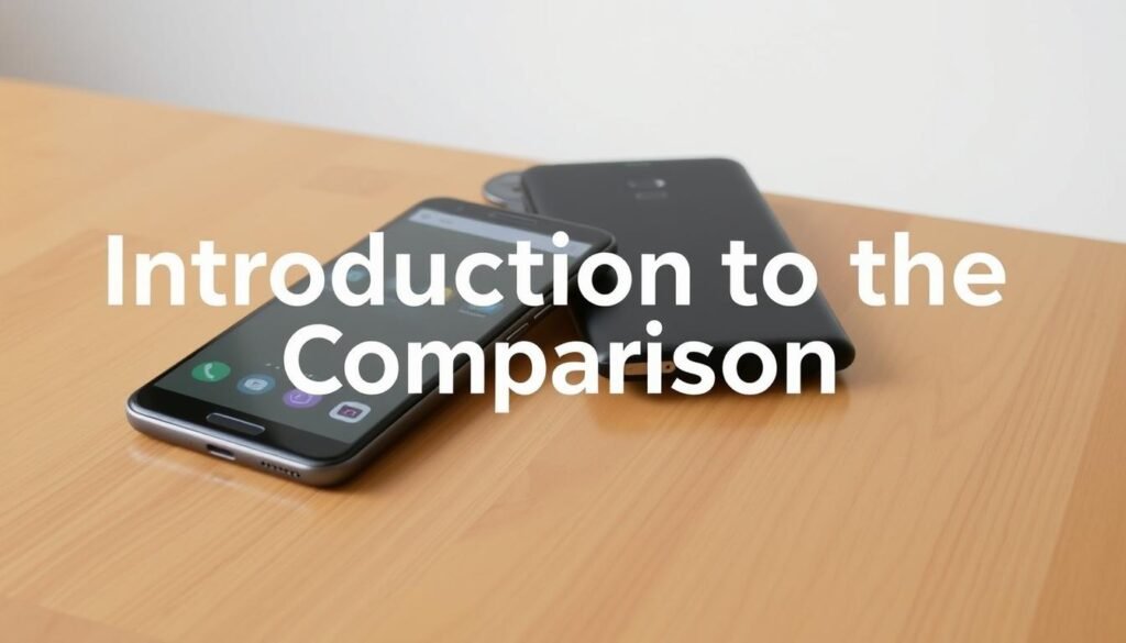 Comparison of modern smartphones placed on a wooden table, with a clean, minimalist background. The devices should be positioned side-by-side, showcasing their distinct designs and features. Lighting should be soft and natural, creating a warm, inviting atmosphere. The angle should be slightly elevated, providing a clear view of the smartphones' front and sides. Ensure the image captures the essence of the section title "Introduction to the Comparison" without any additional text overlay.