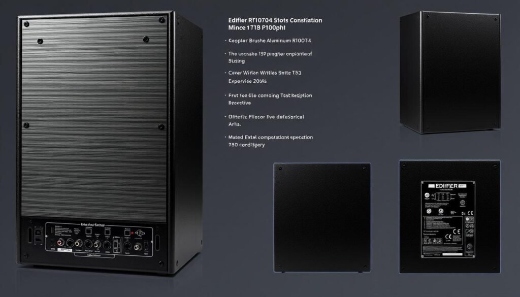 Detailed technical specifications of the Edifier R1000T4 speaker box. A sleek, modern design with a brushed aluminum front panel and a black matte finish. Crisp product shots from multiple angles, showcasing the sturdy construction and attention to detail. Crisp lighting highlights the various input/output ports and control knobs on the rear. Crisp, high-resolution images that capture the technical aspects and premium build quality of this audio component.