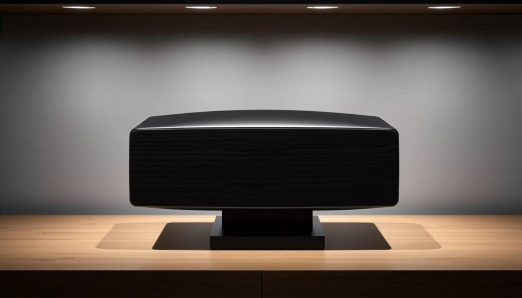 Elegant design of the Edifier R1000T4 audio speaker box. Sleek, minimalist exterior in dark wood or black finish, with subtle metallic accents. Precise, clean lines and a balanced, symmetrical form. Softly curved corners and edges create a refined, modern aesthetic. Smooth, matte surfaces reflect light subtly, evoking a sense of quality and attention to detail. The box sits on a sturdy base, with a slightly tapered top that slopes gently. Targeted lighting illuminates the design, casting gentle shadows that highlight the contours. Overall, an understated yet sophisticated design that seamlessly blends form and function.