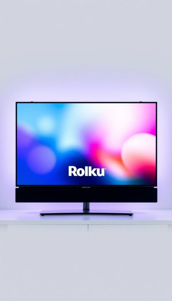 High-quality photograph of a modern 4K smart TV with the Philco Roku logo prominently displayed on the front panel. The TV is set against a clean, minimalist background, perhaps a white or light gray wall. Soft, even lighting illuminates the TV from the front, creating a sense of depth and dimension. The TV's screen displays a vibrant, colorful image, showcasing the device's 4K resolution and dynamic range. The overall composition is balanced and visually appealing, drawing the viewer's attention to the TV and its features.