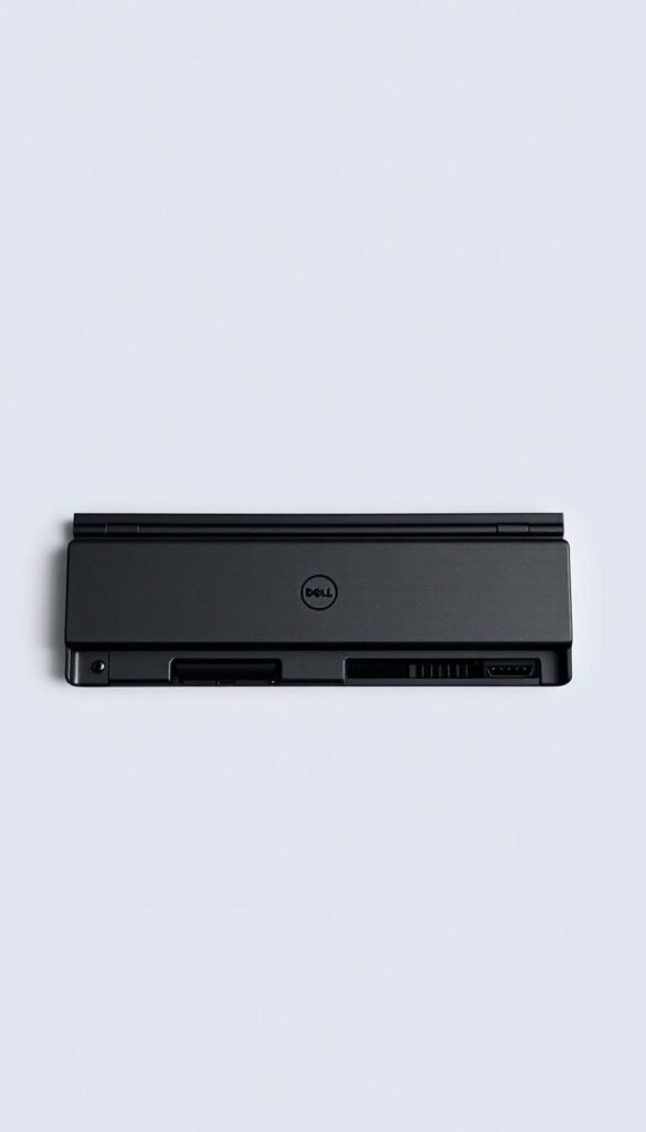 High-resolution close-up studio photograph of the battery compartment of a Dell Inspiron 15 3000 laptop, featuring an Intel Core i5 processor. The battery is centered in the frame, with a sleek and modern design. Soft, directional lighting highlights the metal casing and ports, creating a clean and professional look. The background is a neutral gray, allowing the battery to be the focal point. The image showcases the high-quality construction and attention to detail in the design of this Dell laptop's power source.