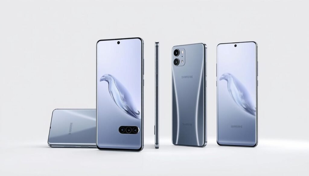 High-resolution, detailed image of the Samsung Galaxy S24 Ultra smartphone from multiple angles, showcasing its sleek and premium design. The device has a large curved OLED display with minimal bezels, a triple-camera array with advanced optics, and a sophisticated metal and glass construction. The lighting is natural and well-balanced, highlighting the phone's premium materials and gleaming finish. The background is a simple, neutral studio setting that allows the device to take center stage. The overall mood is one of sophistication, elegance, and attention to detail, reflecting the craftsmanship and engineering that went into the phone's design.
