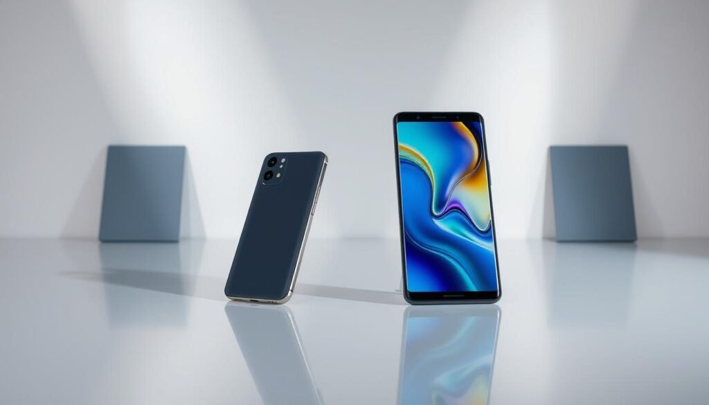 Sleek and modern comparison of two flagship smartphones, showcased in a well-lit studio setting. The devices are positioned side-by-side on a clean, reflective surface, allowing for a detailed and objective analysis. Subtle shadows and carefully controlled lighting accentuate the premium design elements and high-quality materials. The composition balances the smartphones with negative space, drawing the viewer's attention to the key features and differences between the models. An atmosphere of technological sophistication and consumer-focused product evaluation pervades the scene.