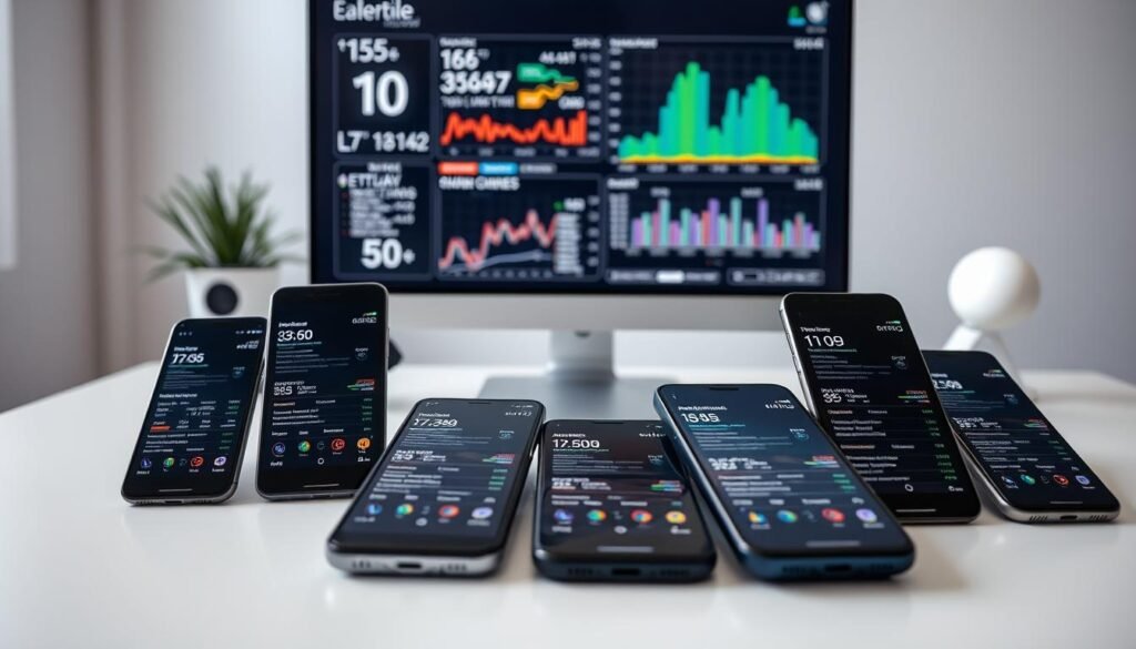 Technical specifications of smartphones displayed on a sleek, modern desk setup. In the foreground, various smartphone models are arranged neatly, their screens showcasing detailed specifications and performance metrics. The middle ground features a minimalist desktop with a high-resolution monitor displaying additional technical details, graphs, and comparisons. The background is a softly lit, professional office setting, conveying a sense of technological innovation and cutting-edge research. Subtle lighting and depth of field create a visually compelling and informative composition, suitable for illustrating an article on smartphone comparisons.