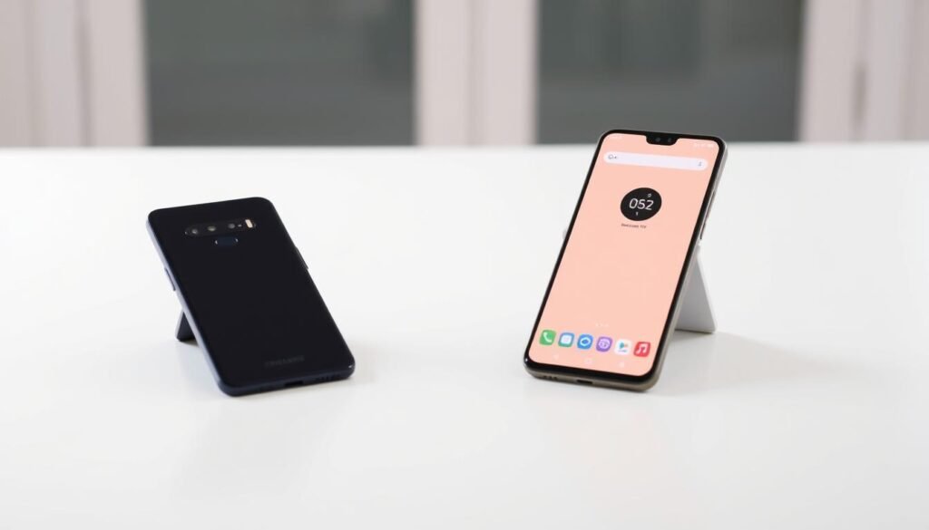 Two sleek smartphones, the Samsung Galaxy A05s and the Moto E32, sit side by side on a minimalist white tabletop, their screens illuminated in a warm, soft light. The devices are angled slightly, inviting the viewer to examine their distinct designs and features. The background is blurred, keeping the focus on the phones and creating a sense of depth. The overall composition is balanced and visually appealing, conveying a sense of comparison and evaluation between the two models.