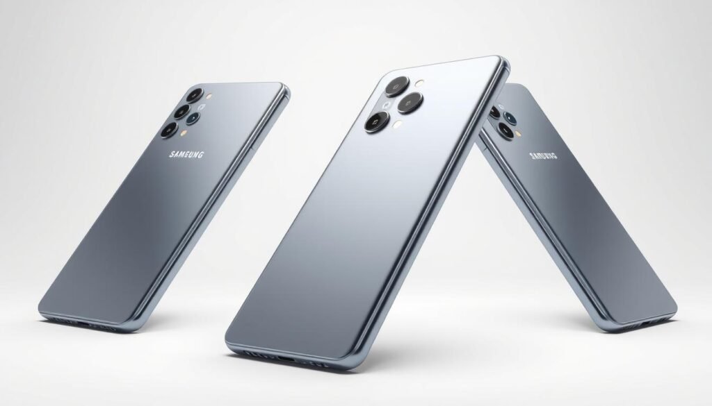 a high-quality, detailed 3D rendering of the Samsung Galaxy A25 smartphone from multiple angles, showcasing its sleek and modern design. The device is captured in a well-lit studio setting, allowing the metallic body, curved edges, and camera module to be clearly visible. The image should have a clean, professional look, with a focus on the product's elegant aesthetics and premium build quality. Lighting should be soft and diffused, creating subtle shadows and highlights to accentuate the smartphone's form. The background should be simple and uncluttered, placing the emphasis entirely on the design of the Samsung Galaxy A25.