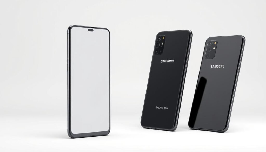 a high-quality, detailed, and realistic 3D render of a Samsung Galaxy A06 smartphone in a well-lit studio setting. The phone is shown from multiple angles, including a frontal view showcasing the display, a side view highlighting the slim profile, and a rear view highlighting the camera module. The phone is depicted in a sleek black color variant with a smooth, glossy finish. The lighting is soft and diffused, creating an elegant and professional product photography aesthetic. The background is a clean, minimalist white studio backdrop, allowing the device to be the focal point of the image.