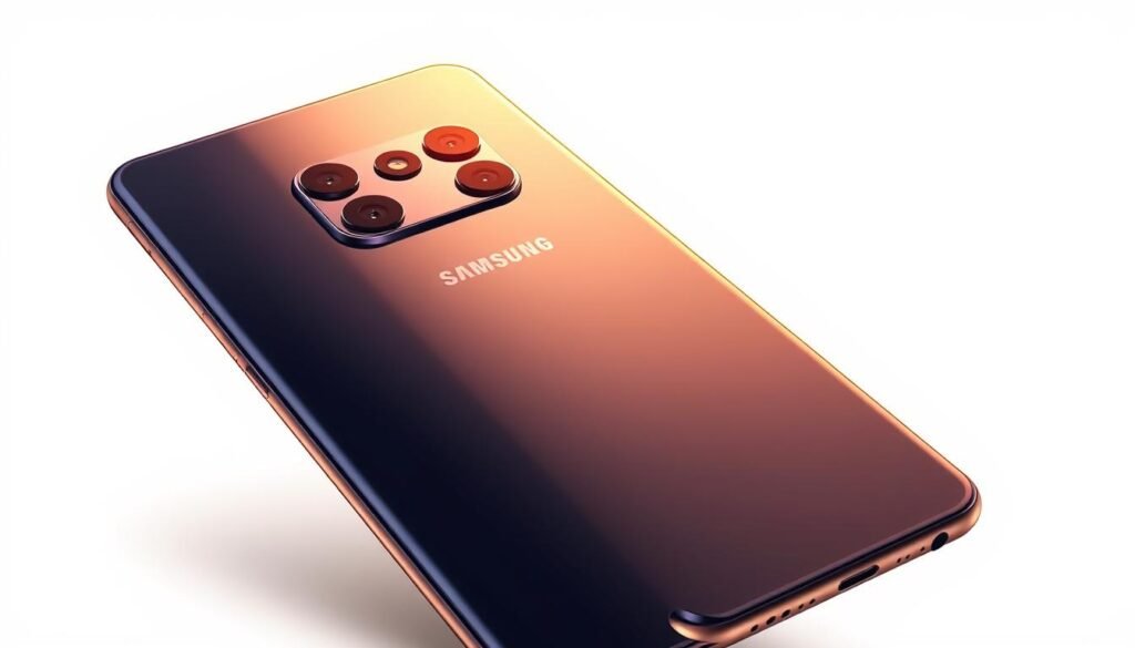 a highly detailed and realistic digital illustration of the Samsung Galaxy A15 smartphone, showcased in a clean, well-lit studio setting with a plain white background. The device is displayed at an angle, highlighting its sleek, modern design with a metal chassis, curved edges, and a large, edge-to-edge display. The camera module on the back is prominently featured, with a triple-lens setup and a subtle Samsung logo. The phone is bathed in warm, soft lighting, casting subtle shadows that accentuate the device's form and contours. The overall composition and lighting create a premium, aspirational feel, showcasing the product's design and craftsmanship in an elegant, professional manner.